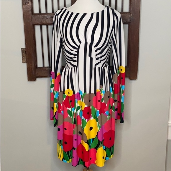 TIBI BLACK & WHITE STRIPE LS DRESS W FLOWERS SZ M - Picture 1 of 6